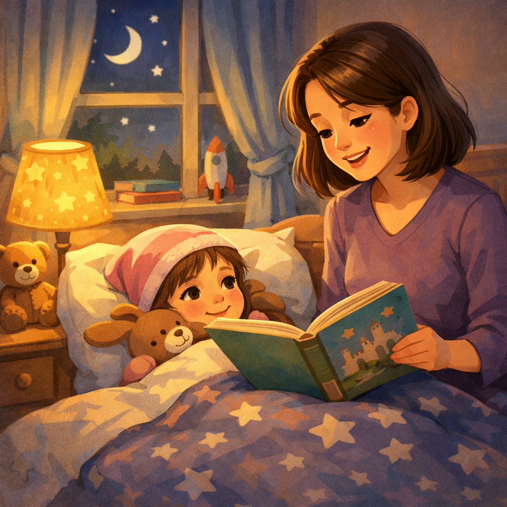 A parent reading a bedtime story to a child tucked into bed under soft lighting.