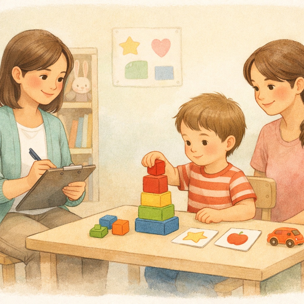 Behaviour analyst observing and recording a child’s responses during a structured learning activity.