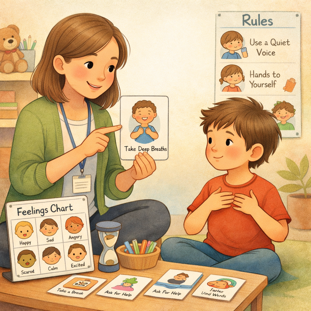 Behaviour Support Practitioner using visual communication tools to help a child develop coping and social skills.