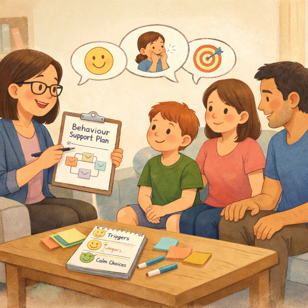 A Behaviour Support Practitioner talking with a family and child in a living room, demonstrating collaborative behaviour support planning.