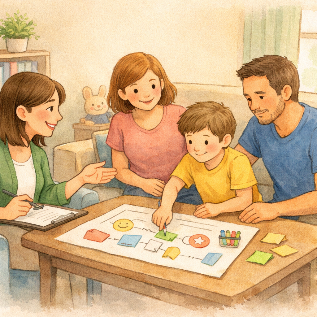 A Behaviour Support Practitioner talking with a family and child in a living room, demonstrating collaborative behaviour support planning.