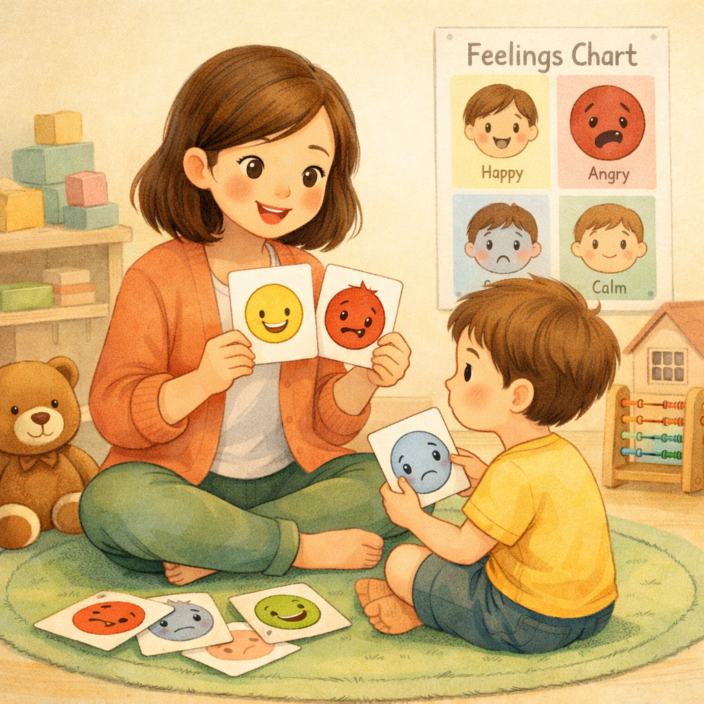 Behaviour therapist using play-based techniques to support a child’s emotional regulation under an NDIS plan.