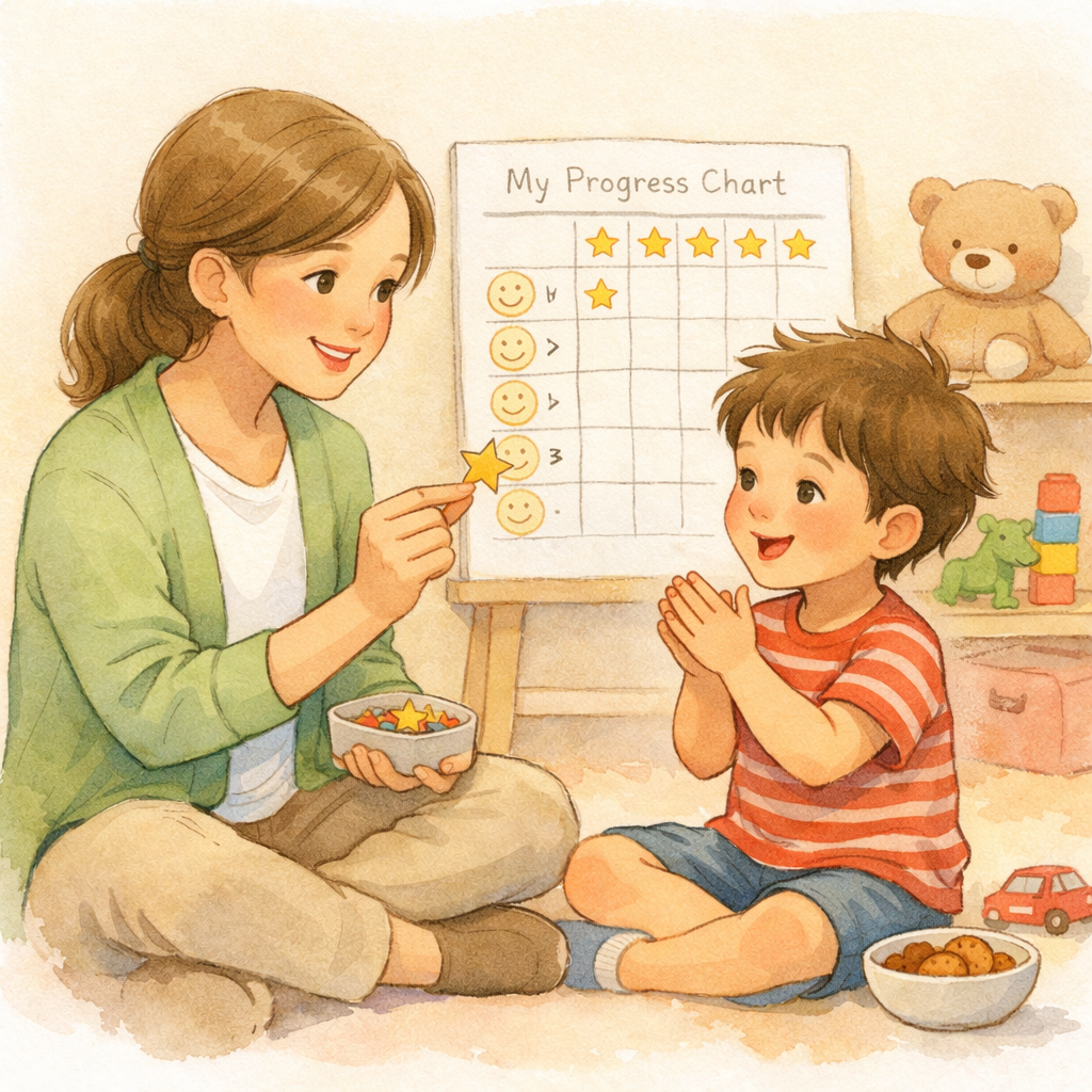 Behavior Therapist Using Positive Reinforcement with Child.