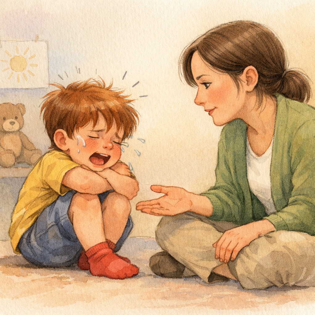 Behavioral specialist sitting at eye level with a child, calmly guiding them through a tantrum episode.