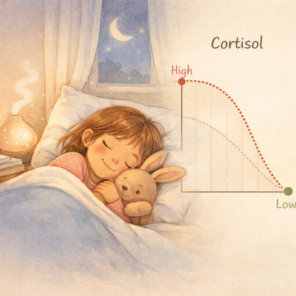 A calm bedtime routine scene showing a child relaxing, with cortisol levels decreasing.