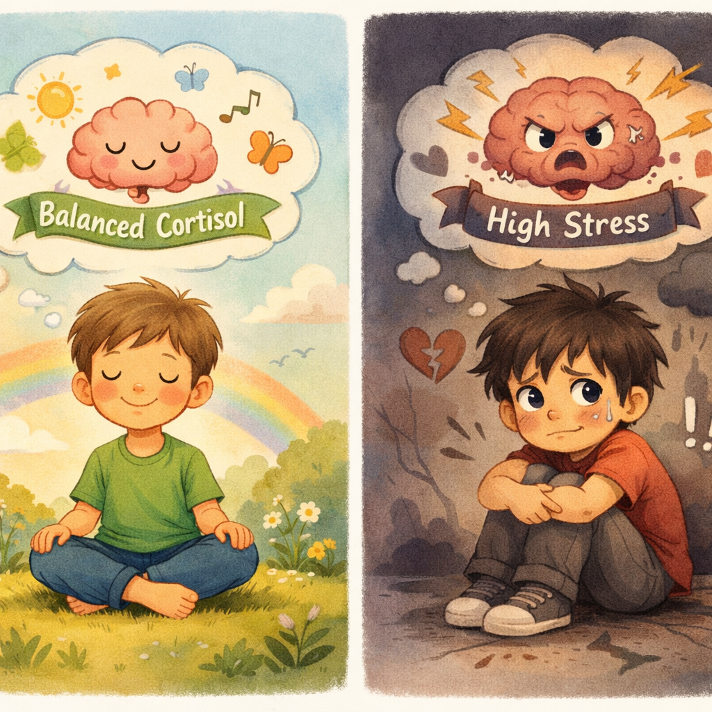 Comparison image of a calm child with balanced cortisol versus an anxious child with heightened stress response