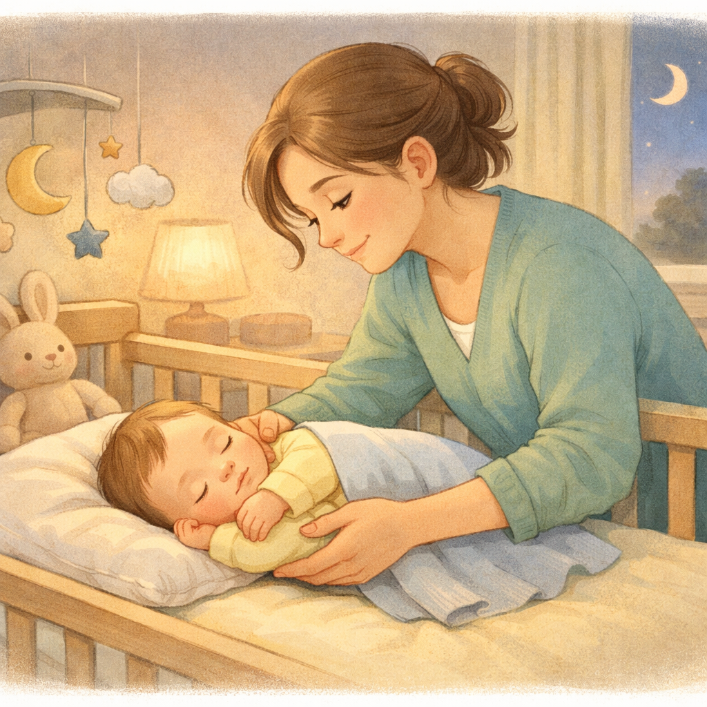 A caregiver gently placing a baby into a crib, establishing a calm bedtime routine that supports brain development.