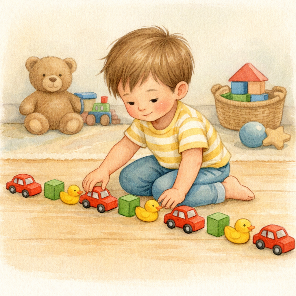 Young child lining up toys in a repetitive pattern on the floor.