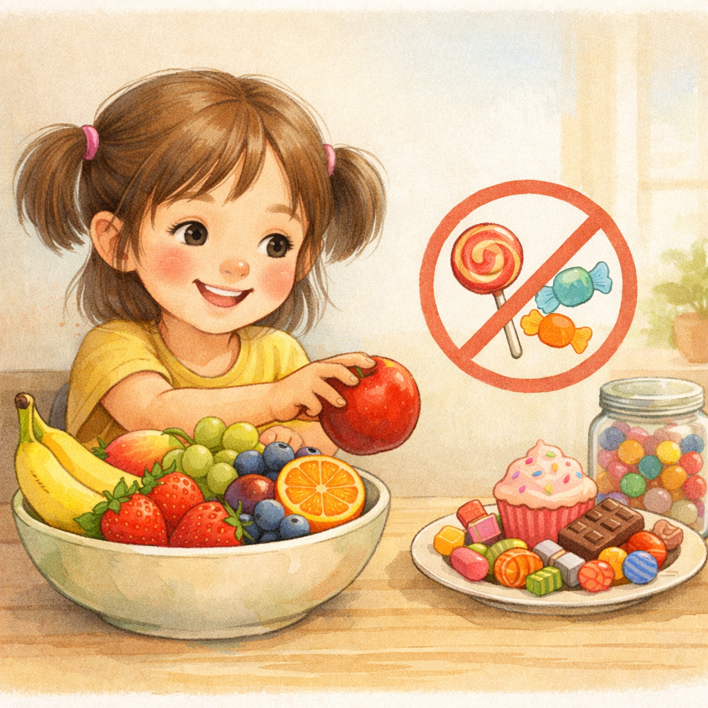Child choosing fresh fruits over candy as a healthy snack option.