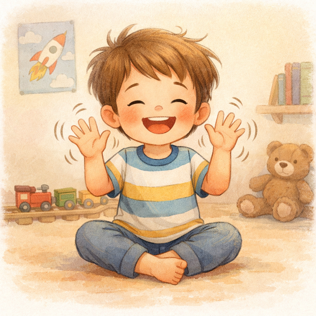 A child flapping their hands repeatedly when excited, representing common self-stimulatory behavior.