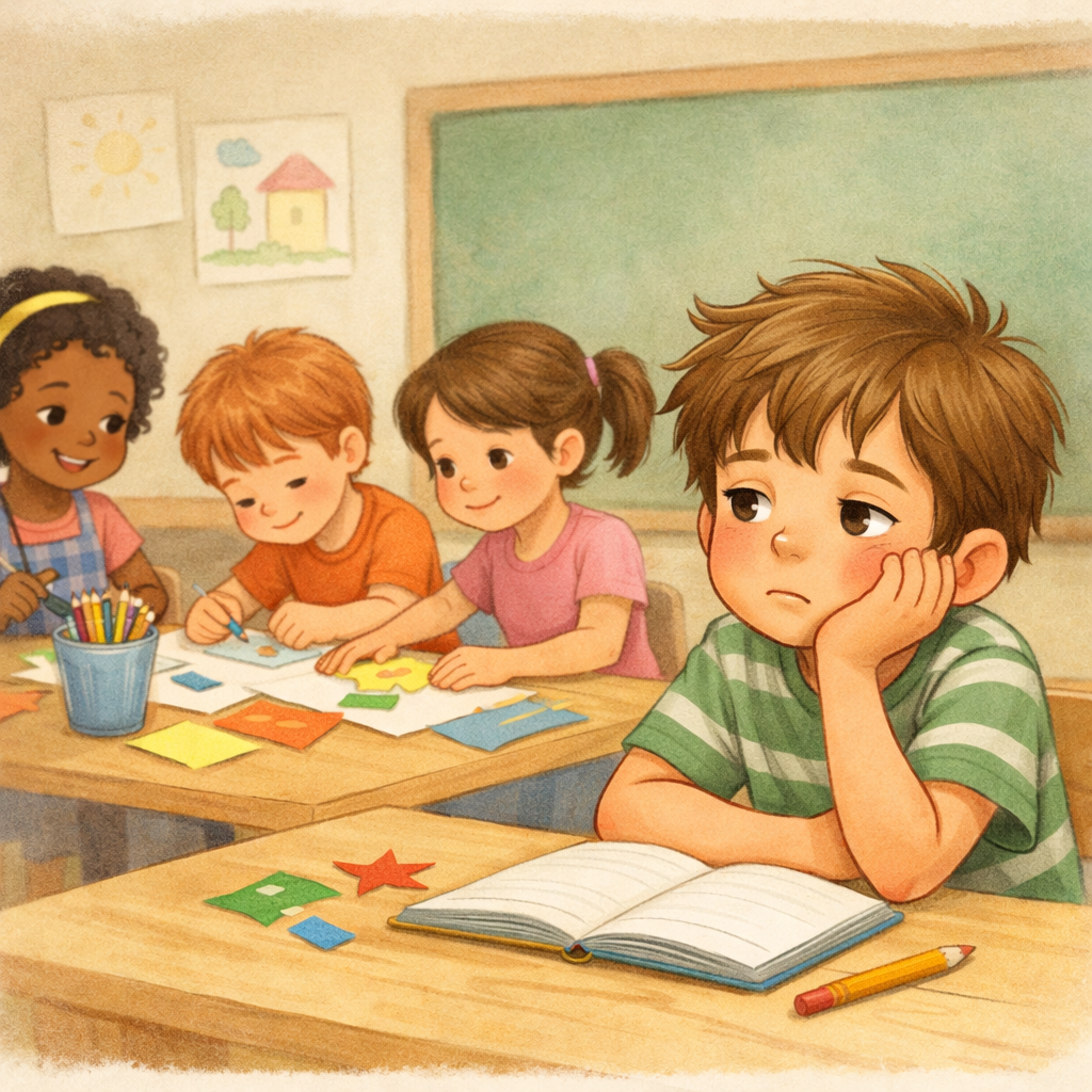 Young student losing focus easily during a group activity at school.