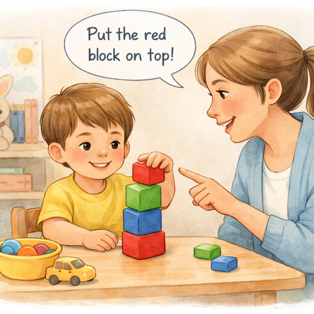 Behavior therapist guiding a child through a structured learning activity.