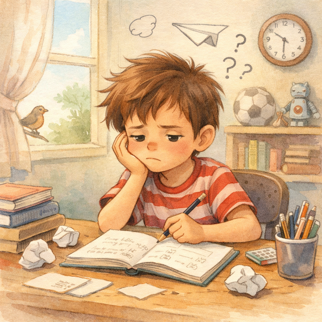 Child struggling to complete homework, looking frustrated and distracted.