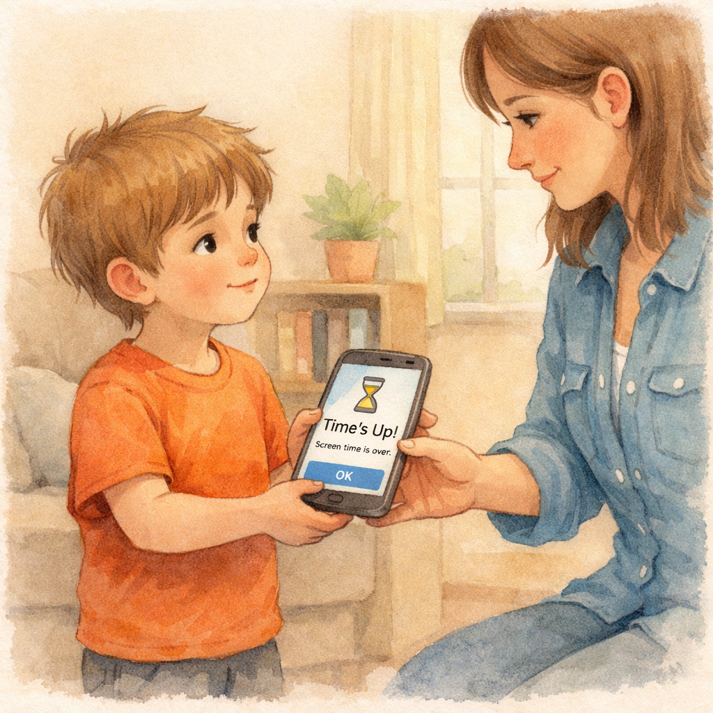 A parent setting a timer to limit a toddler’s screen time on a tablet.