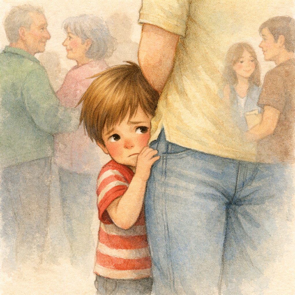 A child hiding behind a parent in a crowded setting, showing discomfort around unfamiliar people.