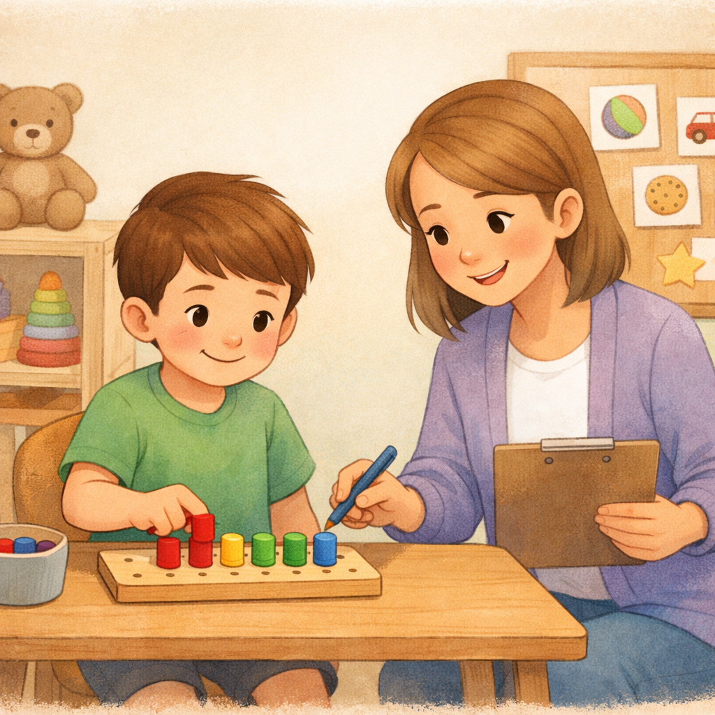 Child completing a task while therapist provides guidance during ABA session.