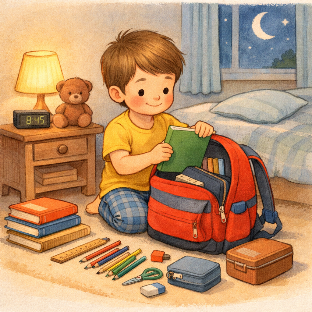 A child packing a school bag the night before, organizing books and supplies neatly.