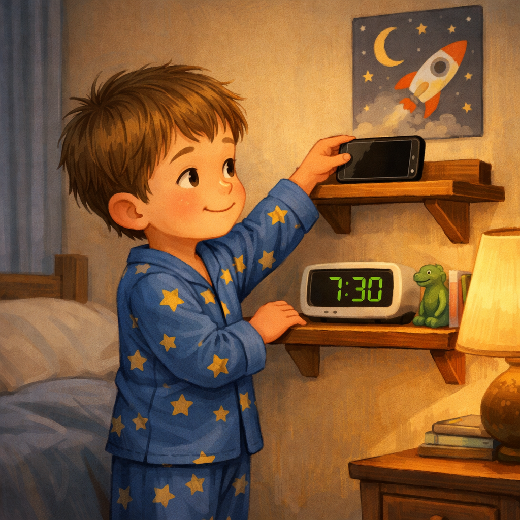 A child placing a phone on a shelf while getting ready for bed, following screen time boundaries.