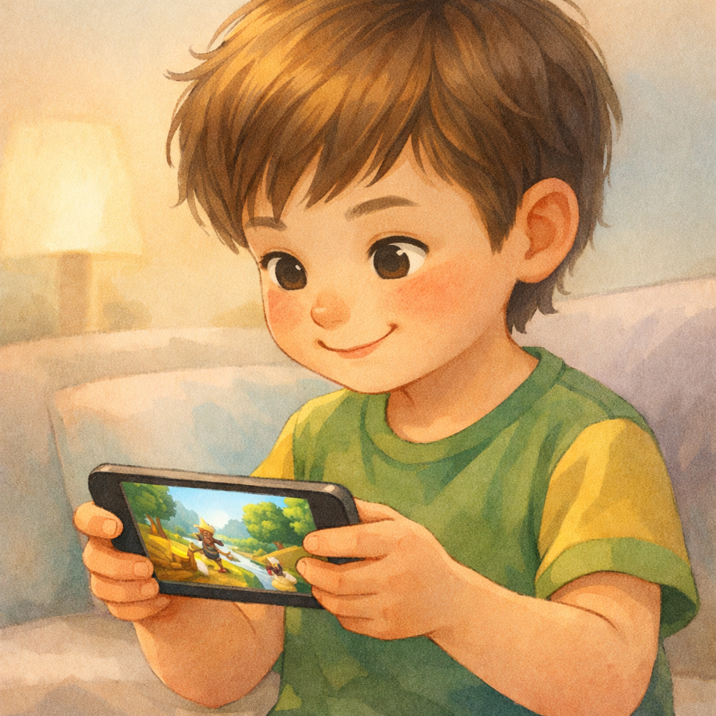A young child holding a smartphone and playing a mobile game.