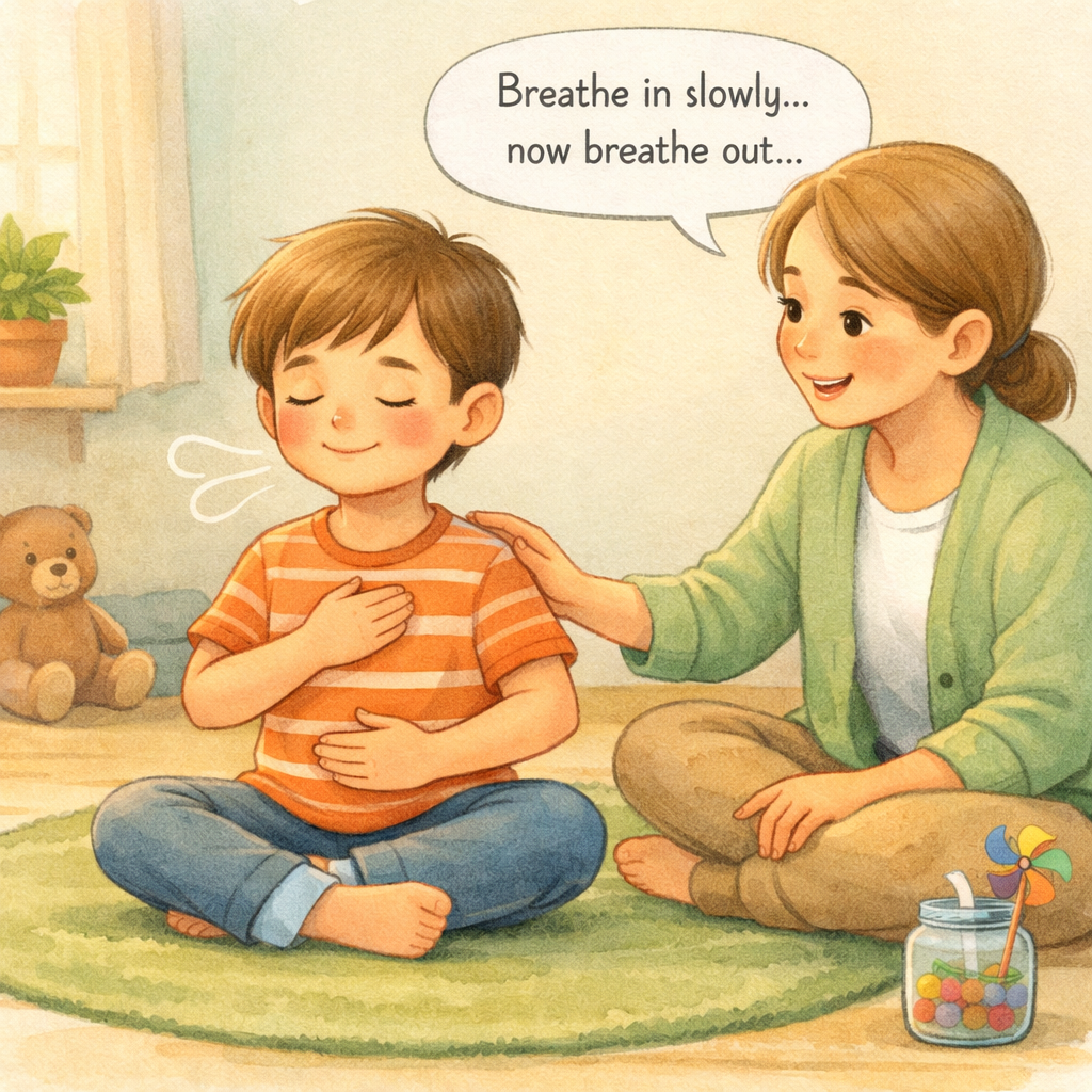 Child practicing deep breathing techniques with therapist support.