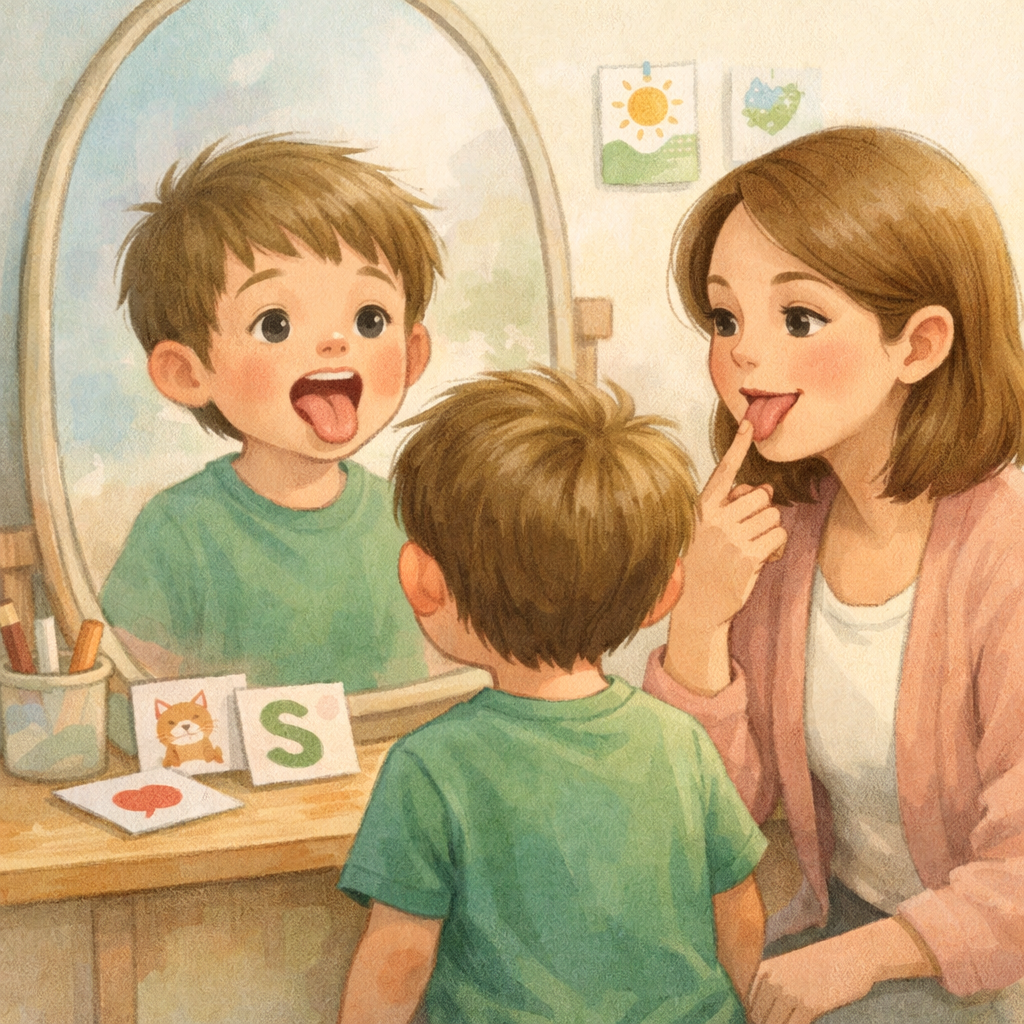 A child practicing speech exercises in front of a mirror with guidance from a speech-language pathologist.