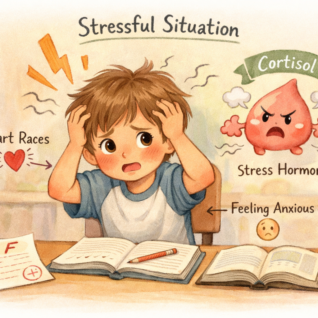 A child reacting to a stressful situation with labels explaining cortisol as a stress hormone.