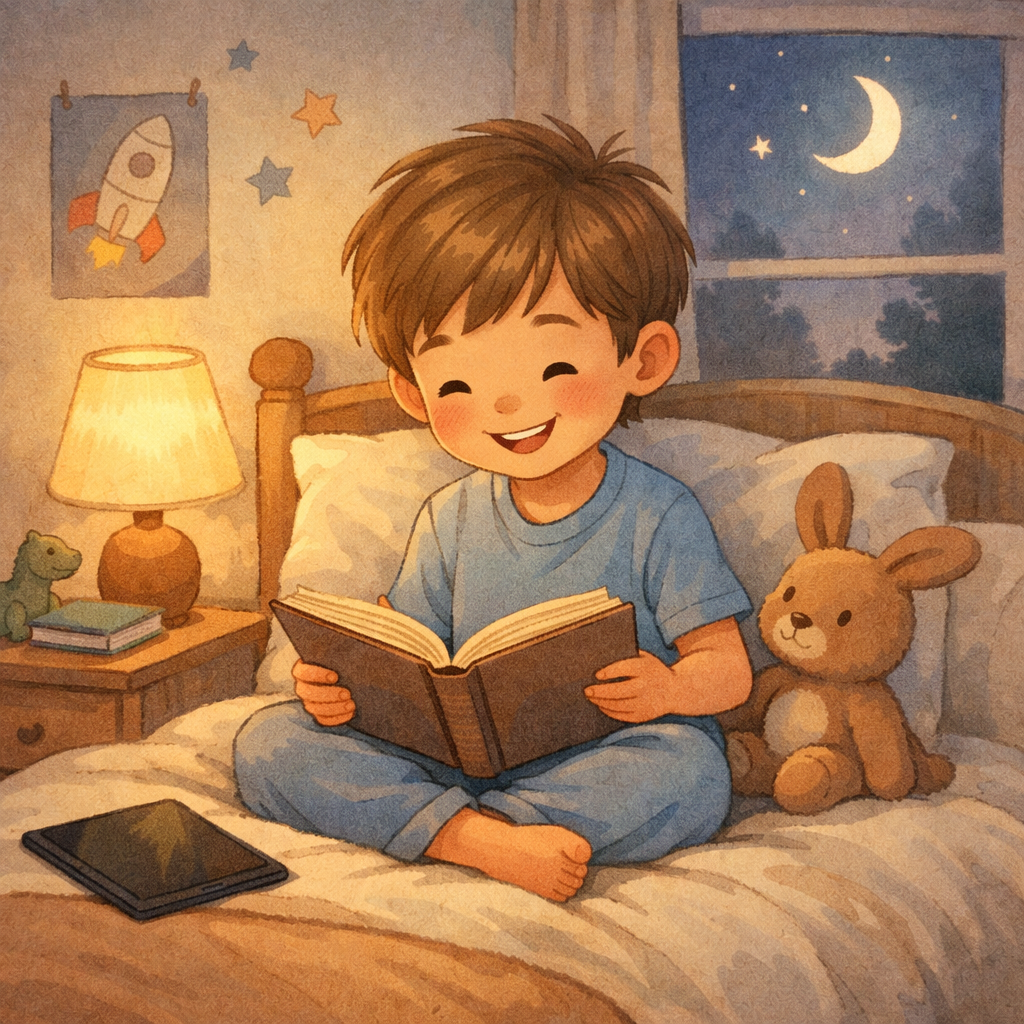 A child happily reading a book instead of using a tablet during evening hours.