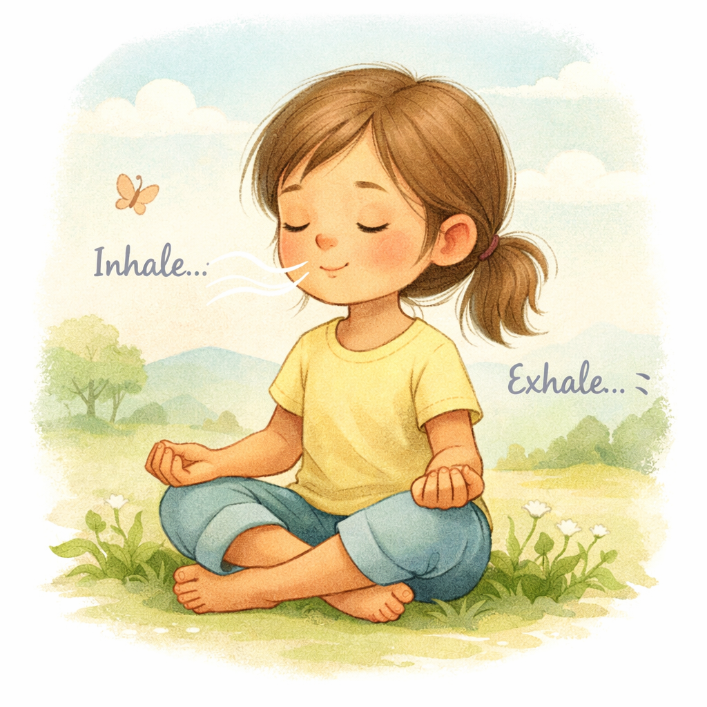 Child engaging in calming activities like deep breathing or reading, demonstrating ways to reduce cortisol naturally.