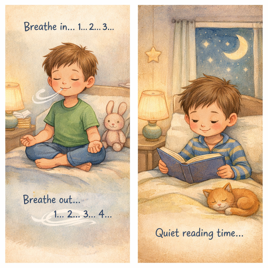 Child practicing relaxation techniques like deep breathing and reading quietly to prepare for bedtime with ADHD.