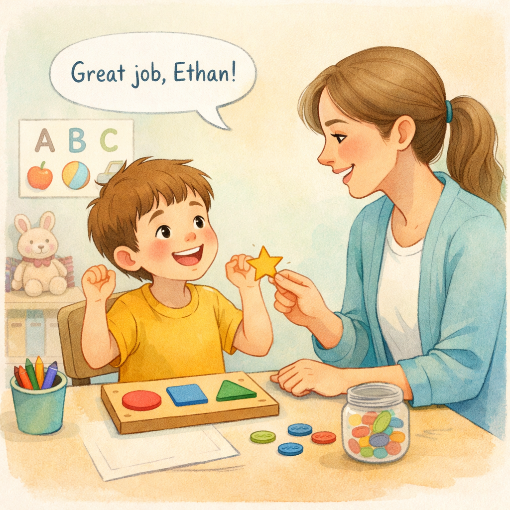Child Receiving Positive Reinforcement in ABA Session.
