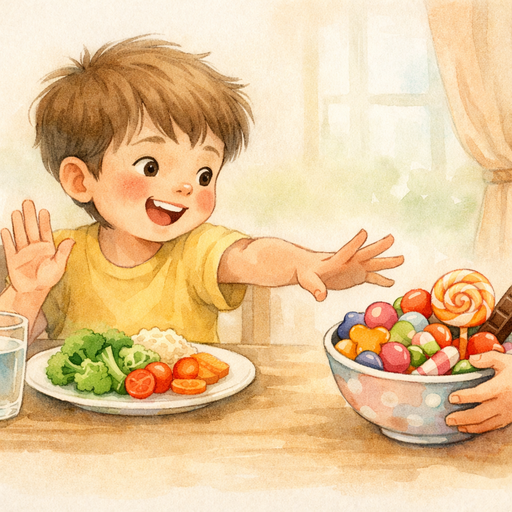 A child refusing healthy food while reaching for candy instead.