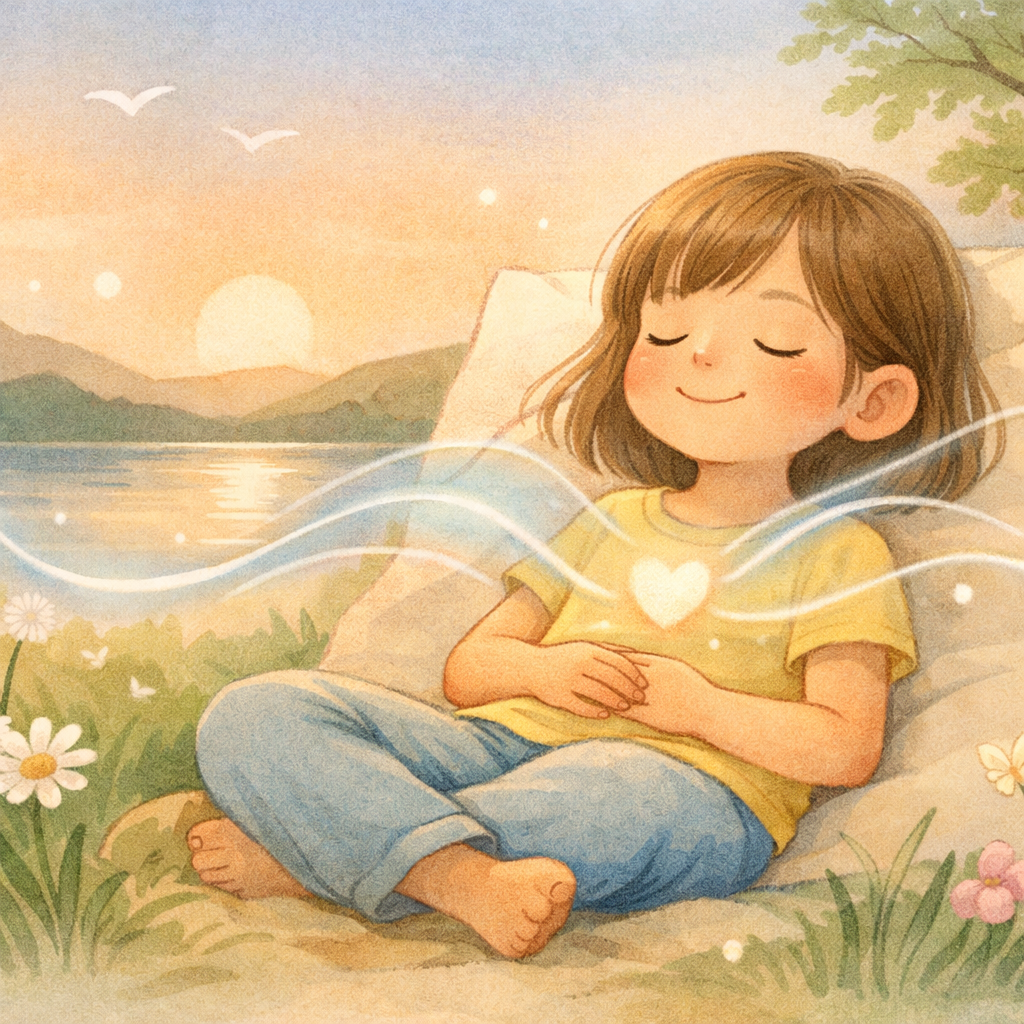 Peaceful recovery scene showing a child relaxing after stress, with calming visuals indicating the body returning to balance.