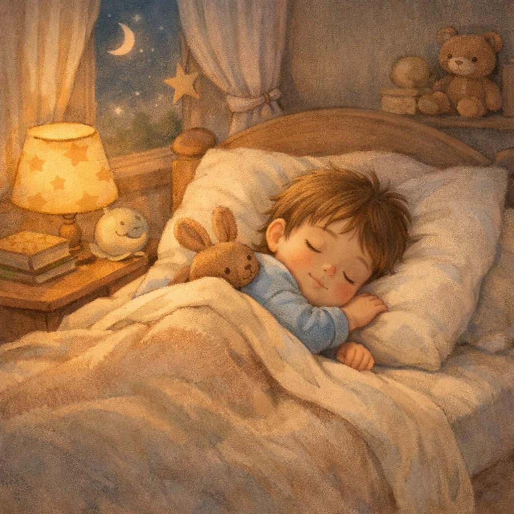 A child sleeping peacefully in a cozy bed with soft pillows and a warm blanket in a dimly lit room.