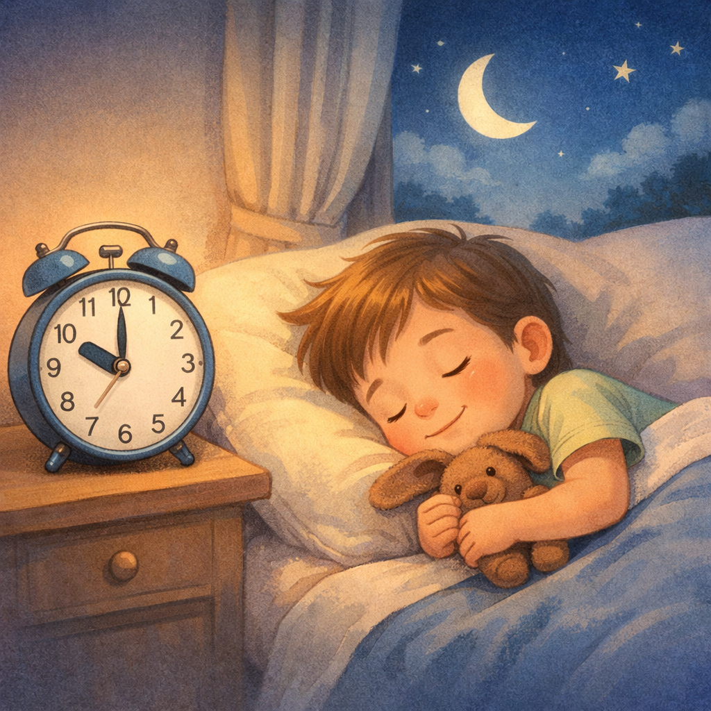 Illustration of a child peacefully sleeping in bed with a clock indicating nighttime, representing healthy sleep duration.