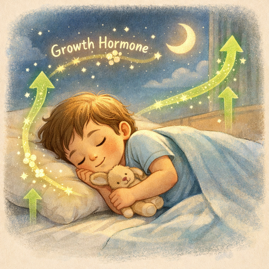 Child sleeping peacefully with arrows indicating physical growth supported by nighttime hormone activity.