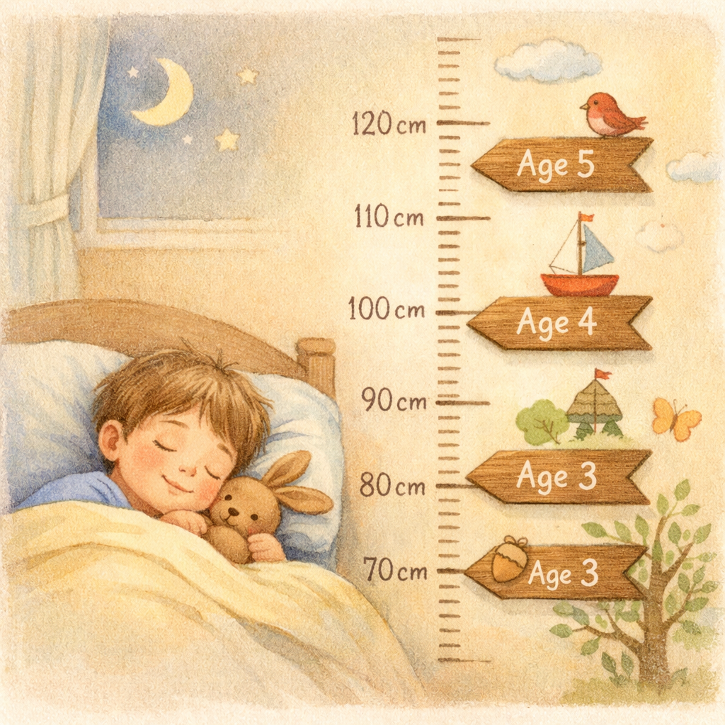 A child sleeping peacefully while a growth chart on the wall shows increasing height over time.