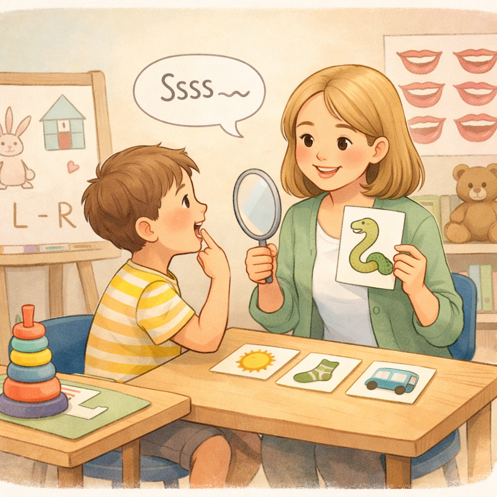 Speech pathologist coaching a child through stuttering strategies