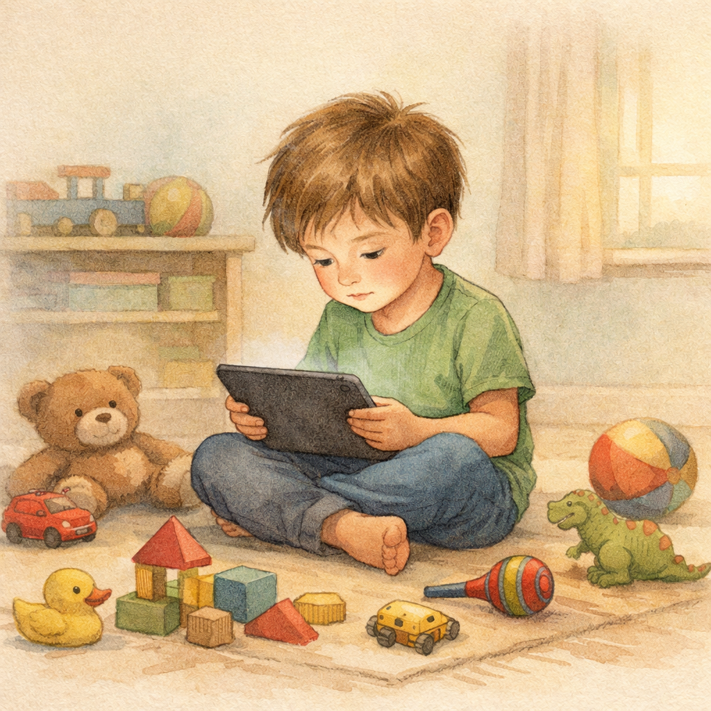 A young child ignoring toys on the floor while staring at a tablet for long periods.