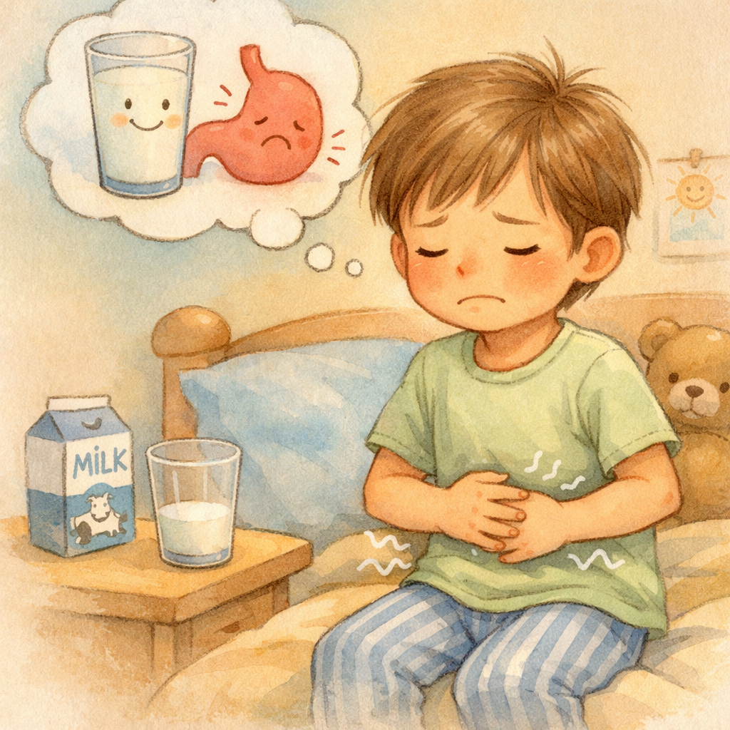 Child experiencing stomach discomfort after drinking milk.