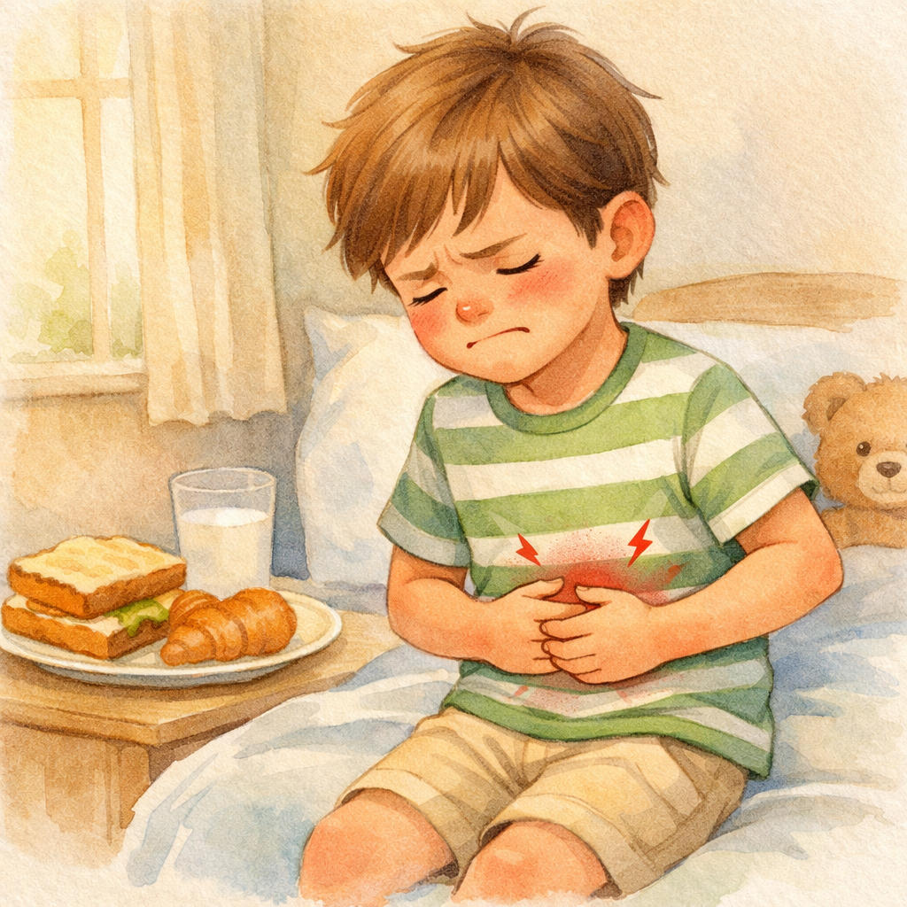 Child experiencing stomach pain after eating gluten-containing foods