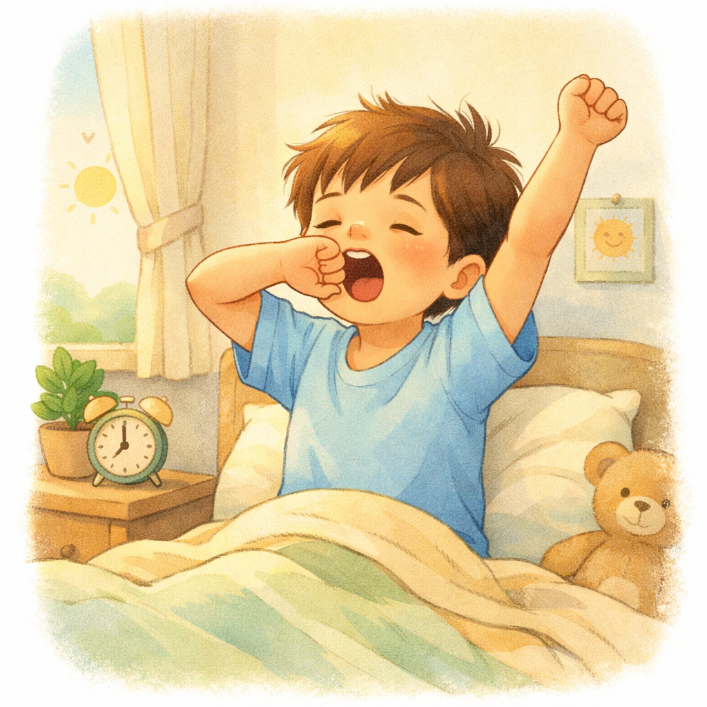 A child stretching and yawning in the morning, looking refreshed and well-rested after a full night’s sleep.