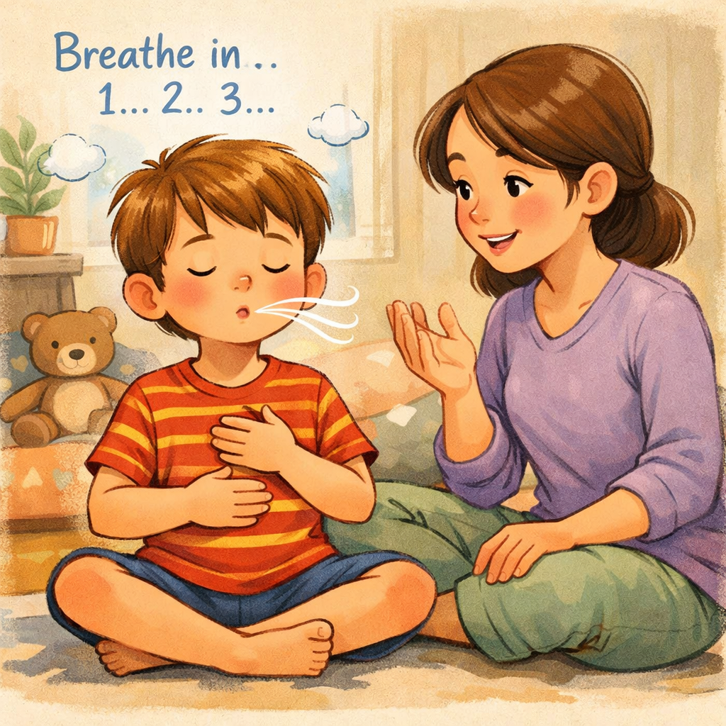 A child taking deep breaths with a caregiver’s guidance, demonstrating ways to reduce cortisol through calming techniques.