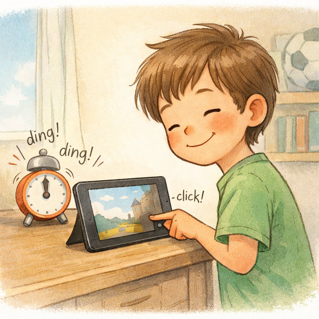 A child happily turning off a device after a timer signals the end of screen time.