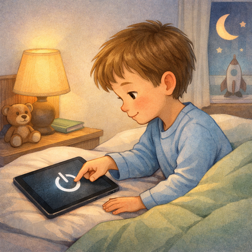 A child turning off a tablet at bedtime as part of a digital curfew routine.