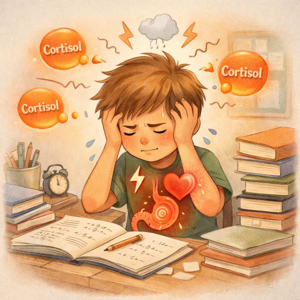 An illustration of a child under pressure from schoolwork, showing the body’s stress response with cortisol symbols.