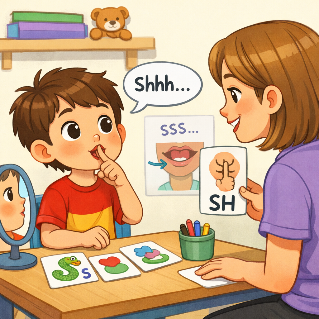 A speech-language pathologist helping a young child practice pronunciation and communication skills during a therapy session.