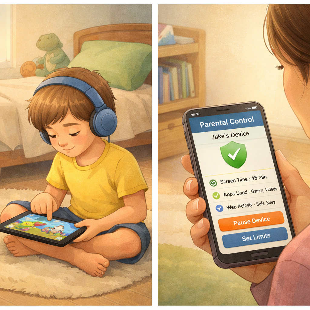 A child using a tablet while a parent monitors activity through a parental control app on their phone.