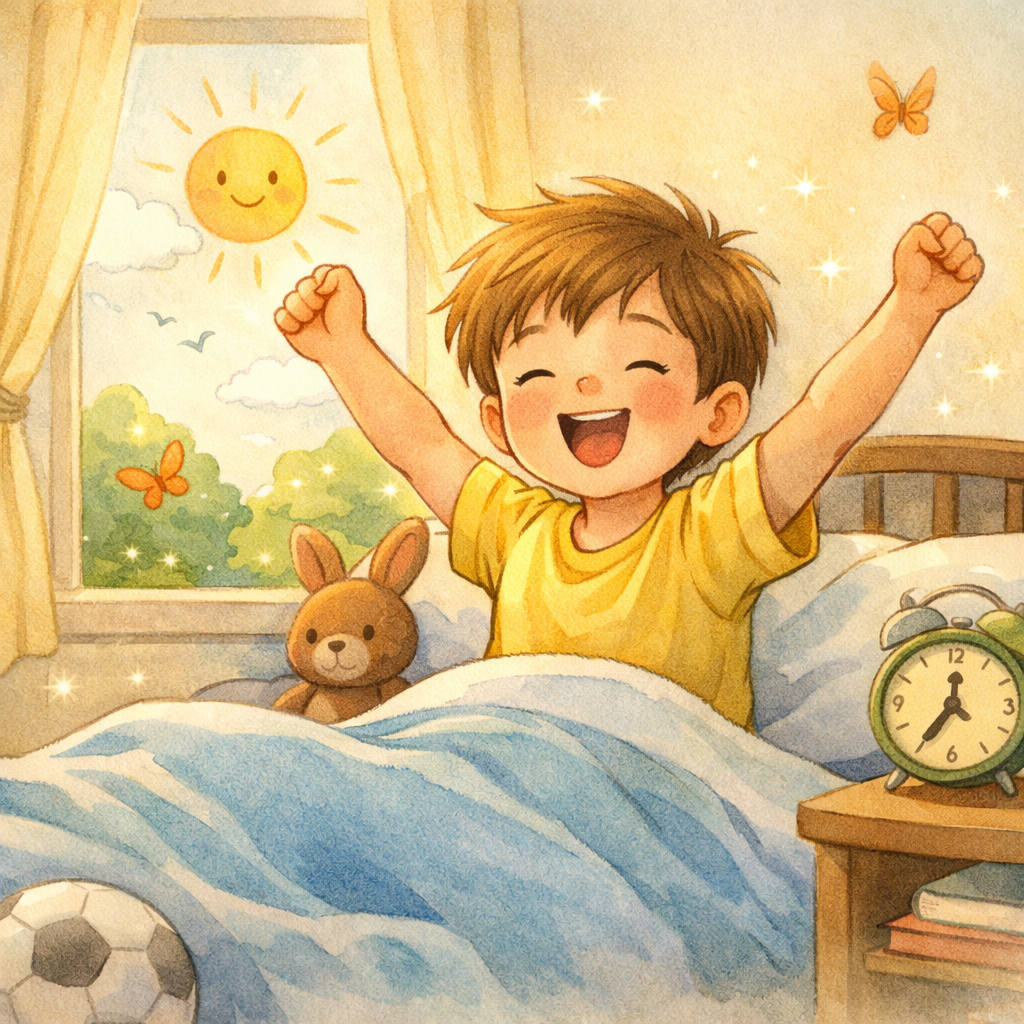 Child waking up refreshed and energized after a full night’s sleep, symbolizing healthy development