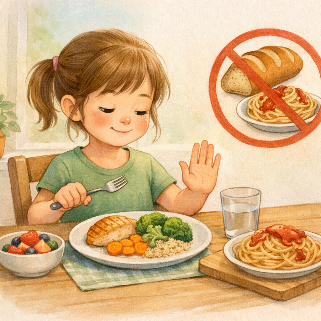 Child sitting at a table with a gluten-free meal while avoiding bread and pasta