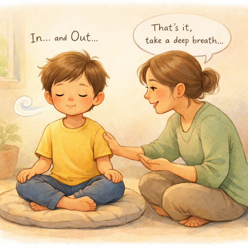 A young child sitting cross-legged, eyes closed, taking slow deep breaths while a caregiver gently guides them through calming techniques.